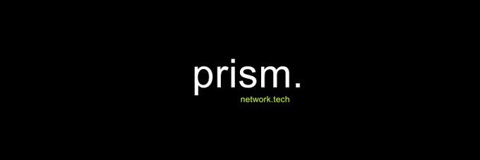 The image is a minimalist black banner displaying the word "prism." in white lowercase text, with "network.tech" written beneath it in smaller green font. It serves as a branding/header graphic for $PRISM, aligning with the post's mention of the project's early-stage presence on Robinhood Chain.