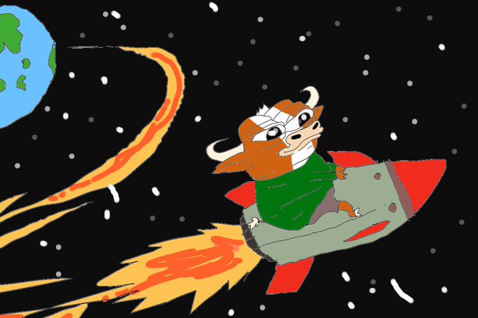 A cartoon cow wearing sunglasses rockets through space on a flame-spewing missile, with Earth visible in the distance, perfectly capturing the playful "gm universe" vibe as the cow searches for a new planet to promote $MUMU.