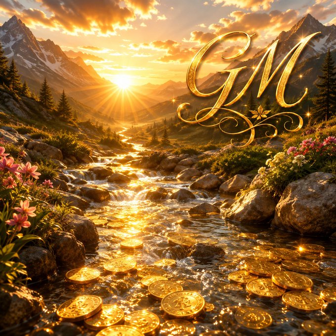 A fantasy landscape shows a sunlit mountain valley with a stream scattered with gold coins and the golden monogram "GM" floating in the sky.