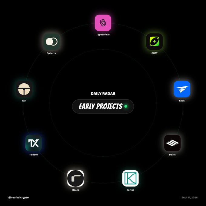 A 'Daily Radar' graphic from @realkaicrypto dated Sept 11, 2026, displaying a circular arrangement of app icons for 'Early Projects' including TypeSafe AI, DUST, FAZE, Pallet, Kurtos, Roots, Telebux, TAR, and Spherra.