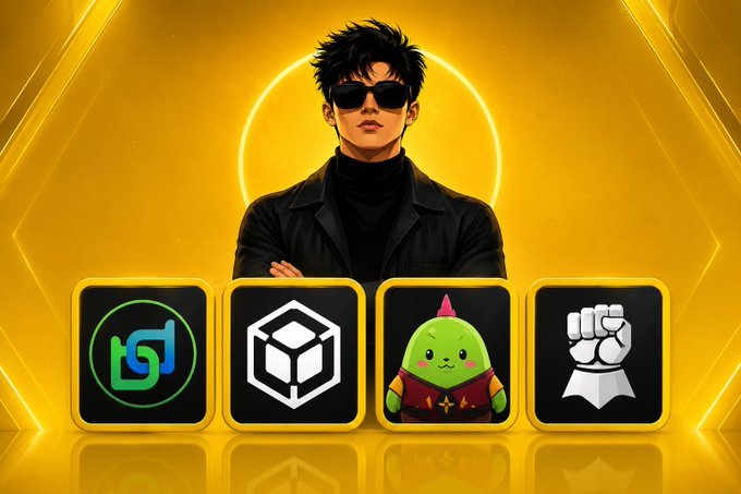 An anime-style character wearing sunglasses stands against a golden yellow background with a glowing halo, positioned above four app icons featuring logos and a green creature mascot.