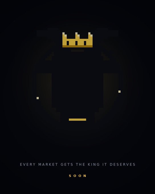 A minimalist pixel-art poster on a black background features a faint, dark crown silhouette topped with a glowing gold crown, with two small gold squares for eyes and a gold bar for a mouth. Below reads "EVERY MARKET GETS THE KING IT DESERVES" and "SOON," teasing the upcoming Goat Street NFT collection launch.