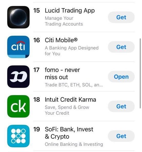 A screenshot of the Apple App Store finance section showing apps ranked 15-19, including Lucid Trading App, Citi Mobile, fomo (with an 'Open' button), Intuit Credit Karma, and SoFi: Bank, Invest & Crypto.