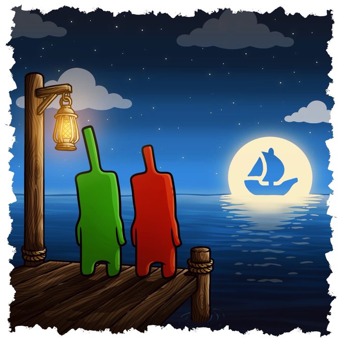 Two stylized humanoid figures, one green and one red, stand on a wooden dock under a starry night sky beside a lantern-lit post, with a sailboat silhouetted against a full moon in the distance.