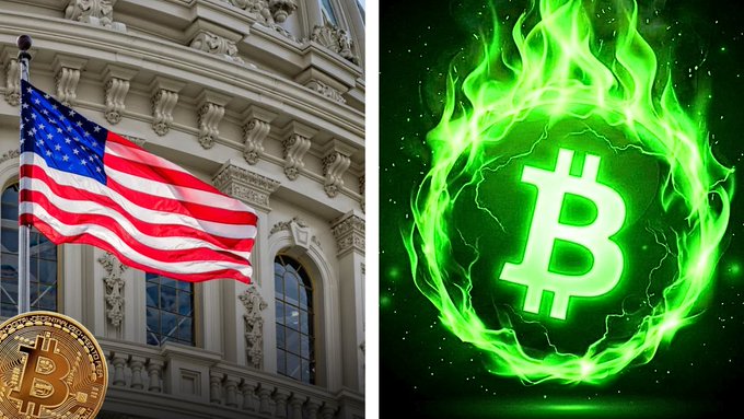 A split image showing the American flag flying outside a government building with a physical Bitcoin coin on the left, and a stylized Bitcoin logo surrounded by green flames on the right.