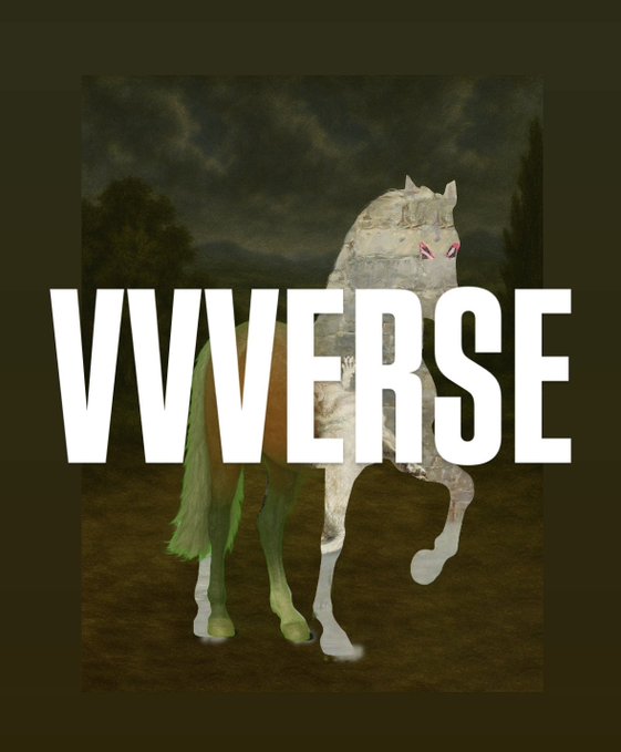 A graphic poster showing a ghostly white horse with pink glowing eyes against a dark landscape, overlaid with the large bold text 'VVVERSE'.