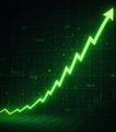 A green line graph showing an upward trending stock or financial chart with an arrow pointing diagonally upward against a dark background.