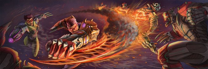 A dynamic fantasy artwork depicts a fierce battle scene where a warrior with glowing gauntlets unleashes a fiery punch, while surrounding figures wield magical powers amid swirling flames and smoke.