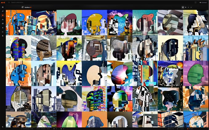 The image displays a large number of small, square images arranged in rows and columns against a gray background. The images feature various cityscapes with buildings of different sizes and colors, creating an artistic collage that showcases diverse urban landscapes. The caption at the bottom of the image reads "Buidlers verified and partnered with @ord_net Click on the collection thumbnail to switch to art mode!".