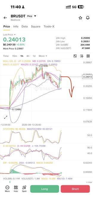 A Binance futures chart shows BRUSD(T) at 0.24013, down 0.80%, with a red arrow indicating the poster's bearish short trade setup supported by RSI and Stochastic overbought readings. The screenshot reinforces the "small size short #bR" thesis by visually highlighting the recent price rejection near 0.25586.
