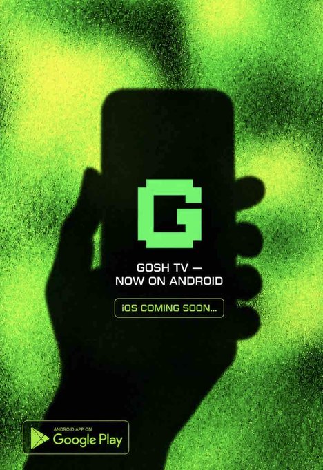 A promotional graphic for GOSH TV announcing its availability on Android via Google Play, with "iOS COMING SOON..." displayed beneath the green "G" logo and "GOSH TV — NOW ON ANDROID" text, set against a vibrant green spray-paint background. This aligns with the GOSH x BC.GAME comeback giveaway celebration, encouraging users to rejoin the community now that the app is launching on Android.