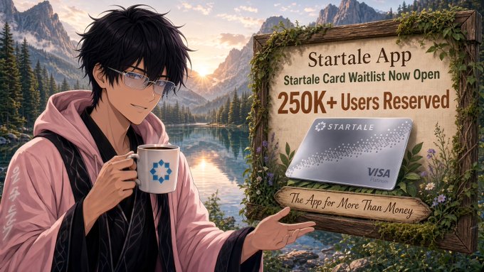 An anime-style character in a pink robe holding a mug, gesturing toward a wooden sign that reads 'Startale App, Startale Card Waitlist Now Open, 250K+ Users Reserved, The App for More Than Money', featuring a silver Visa card.