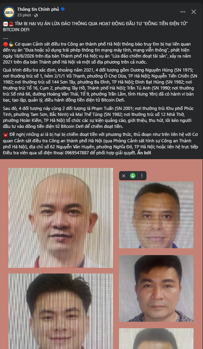 A Vietnamese news post from 'Thông tin Chính phủ' warning the public about sophisticated cryptocurrency scams in Hà Nội involving fake taxi company executives impersonating real officials to defraud victims of billions of dong, showing photos of four men.