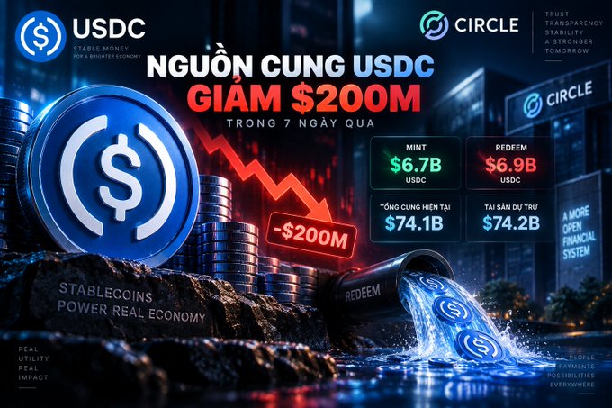 A promotional graphic for Circle's USDC stablecoin with Vietnamese text reading 'NGUỒN CUNG USDC GIẢM $200M TRONG 7 NGÀY QUA', showing mint and redeem figures of $6.7B and $6.9B respectively.