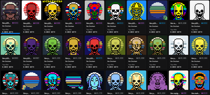 A grid displaying various pixel-art style CryptoPunk NFT avatars featuring colorful, skeletal, and masked designs, each with a price and listing information such as 'Top offer' and '0.0022 Ξ11' below the image.