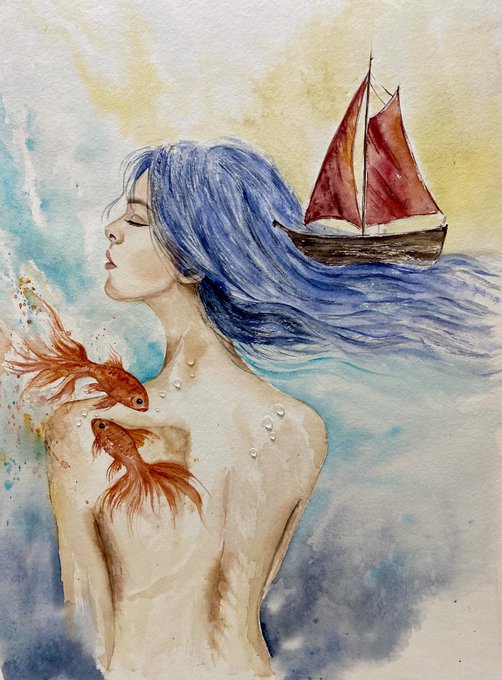 A watercolor painting of a woman with flowing blue hair, goldfish, and a sailboat emerging from the sea.