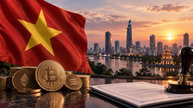 A composite image showing the Vietnamese flag alongside stacks of Bitcoin, Ethereum, and Solana coins, with the Ho Chi Minh City skyline at sunset in the background, legal documents, and a gavel in the foreground.