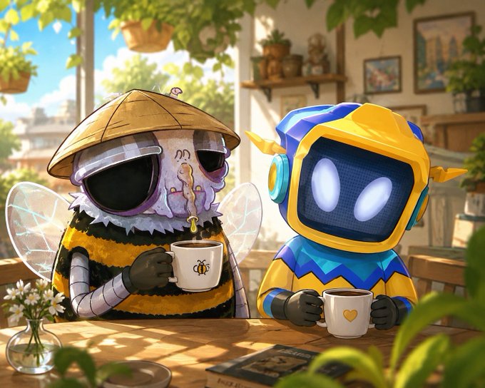 A whimsical illustration of a bee character wearing a conical hat and sunglasses drinking from a bee-themed mug, sitting next to a blue and yellow robot character with a heart mug in a cozy, sunlit cafe.