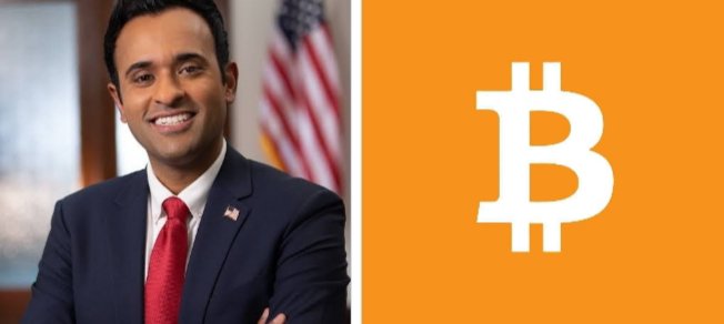 The image shows Vivek Ramaswamy, the entrepreneur and political figure, smiling in a suit with an American flag in the background, alongside a Bitcoin (₿) logo on an orange background—visually linking his company Strive's recent ~$100M Bitcoin purchase to his public profile as reported in the post.
