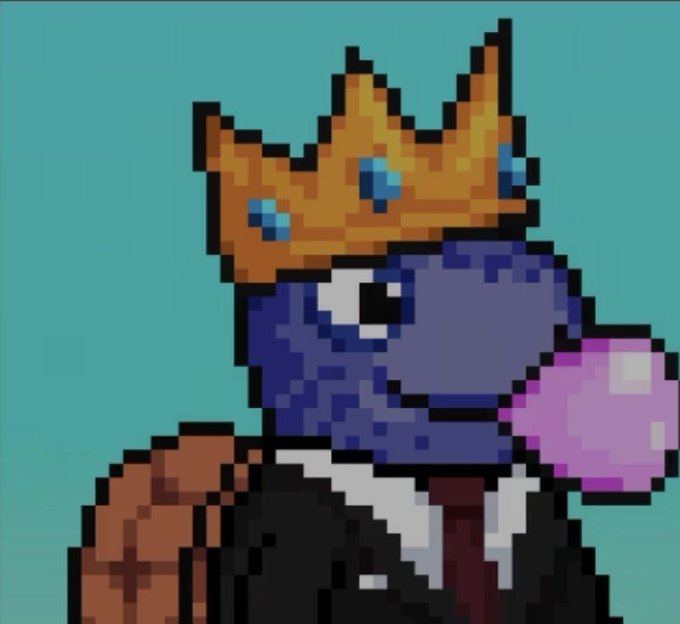 A pixel-art character wearing a golden crown with blue gems and a brown suit holds a glowing pink orb, rendered against a teal background.