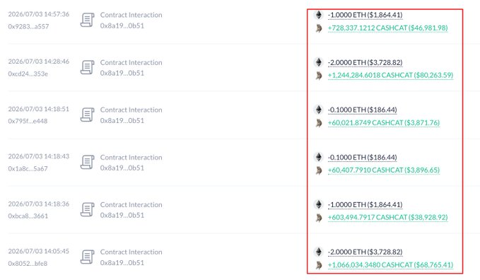 A screenshot of a crypto transaction history showing contract interactions on July 3, 2026, with outgoing ETH and incoming CASHCAT amounts highlighted in a red box.