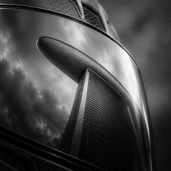 A dramatic black and white photograph of a modern skyscraper reflected in a curved car's side mirror against a cloudy sky.
