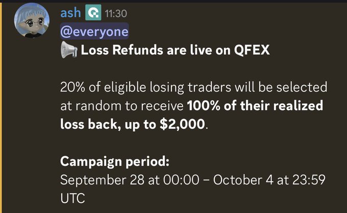 A Discord message from user 'ash' announcing 'Loss Refunds are live on QFEX,' stating that 20% of eligible losing traders will be selected at random to receive 100% of their realized loss back, up to $2,000, with a campaign period from September 28 to October 4.
