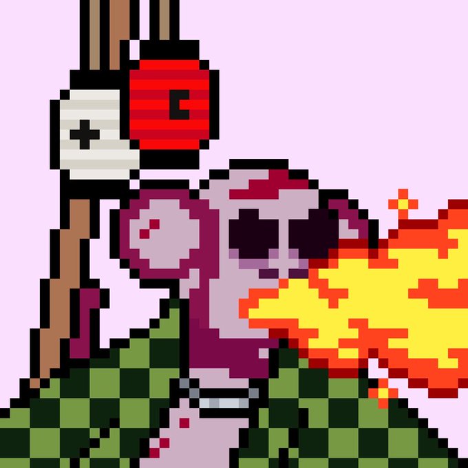 A pixel-art scene shows a gray, wide-eyed character holding a red-and-white hammer while surrounded by bright orange flames on a pale pink background.
