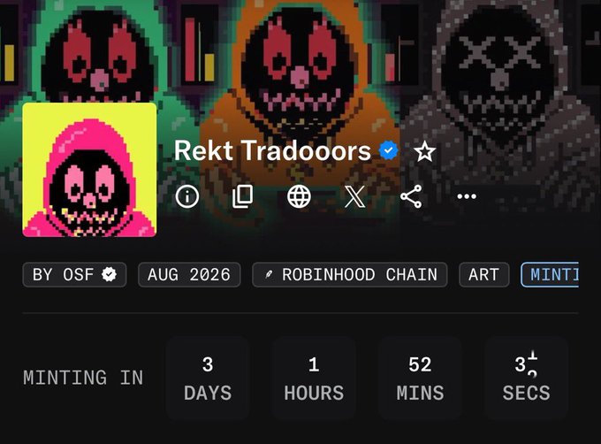 A digital marketplace listing for 'Rekt Tradooors' by OSF, scheduled for August 2026 on Robinhood Chain in the Art category, featuring pixel-art hooded skull avatars with a mint countdown showing 3 days, 1 hour, 52 minutes remaining.