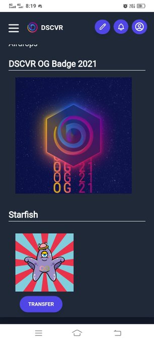 A DSCVR app screen displaying a 'DSCVR OG Badge 2021' NFT featuring a colorful spiral design, along with a Starfish NFT and a transfer button.