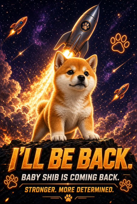 Meme poster featuring a Shiba Inu puppy with a rocket launch background, reading 'I'LL BE BACK. BABY SHIB IS COMING BACK. STRONGER. MORE DETERMINED.'