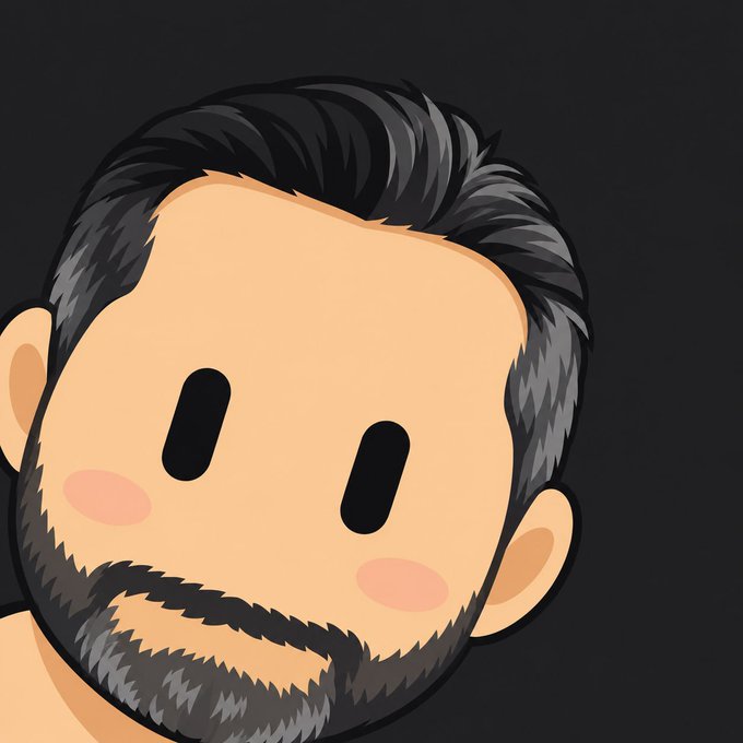 A cartoon-style portrait of a bearded man with dark hair and rosy cheeks against a dark gray background.