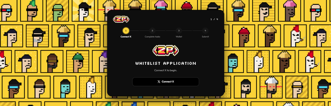 A webpage for a 'WHITELIST APPLICATION' with a 'Connect X' button, set against a background of pixel art NFT characters.