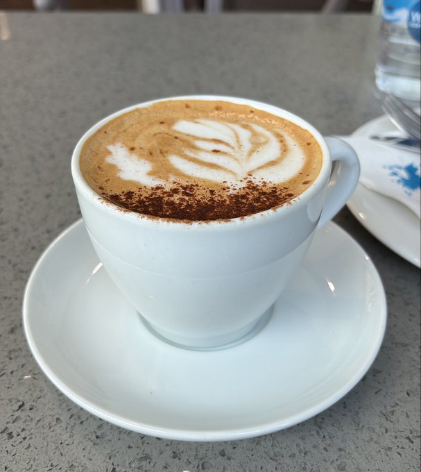 A white ceramic cup of cappuccino with latte art and cocoa powder dusting sits on a matching saucer on a grey table, next to a water bottle.