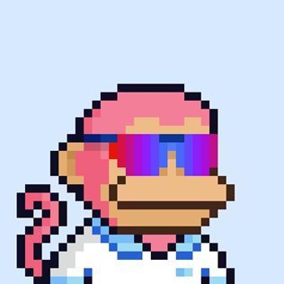 Pixel art of a pink monkey wearing colorful sunglasses and a white shirt against a light blue background.