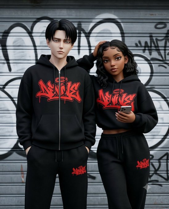 Two animated figures wearing matching black hoodies and sweatpants featuring red graffiti-style 'ANIXX' logos, standing against a graffiti-covered metal shutter.