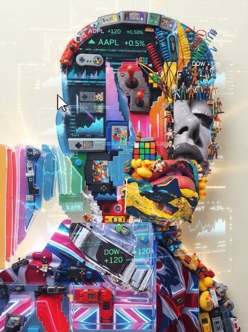 A complex digital collage forming the silhouette of a human head, filled with financial data including 'AAPL +0.5%', 'DOW +120', and 'MKT +0.5%' alongside various pop culture figures, toys, and electronics.