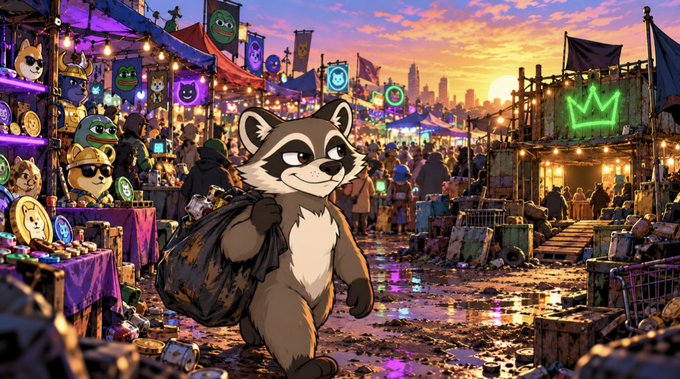 A vibrant illustration of an anthropomorphic raccoon character carrying a garbage bag walking through a colorful, neon-lit market street at sunset, surrounded by stalls and other animal characters.