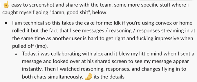 A screenshot of text describing impressive features of a collaborative platform, mentioning real-time streaming messages, reasoning, and responses, with phrases like 'easy to screenshot and share with the team' and 'I am technical so this takes the cake for me'.