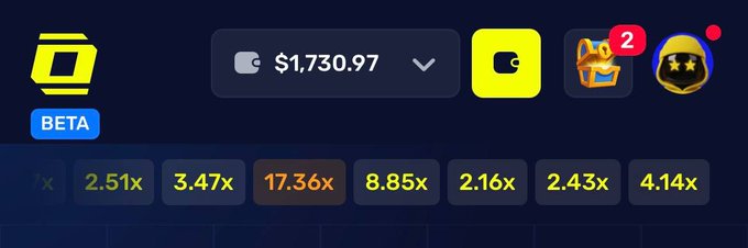 A mobile app or game interface showing a cash balance of $1,730.97 alongside a series of multiplier values ranging from 2.16x to 17.36x.