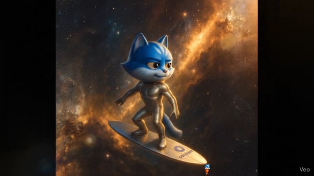 The image features a cartoon cat surfing on a surfboard, with the words "Toshi & holders will own the alt season mark this." written below the cat's head. The cat appears to be wearing a gold suit and has its arms outstretched as if riding a wave in outer space.
