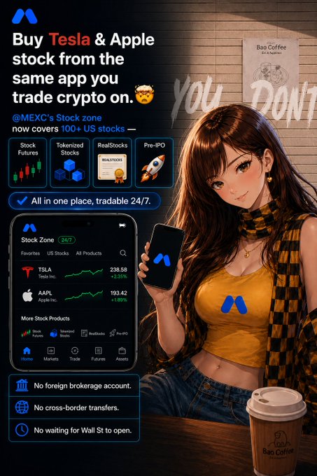 A promotional graphic for MEXC's Stock Zone featuring anime-style artwork and showing Tesla ($238.58) and Apple ($193.42) stock prices.