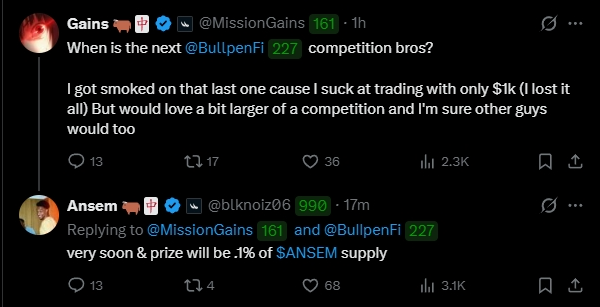 A tweet exchange where @MissionGains asks @BullpenFi when the next trading competition is after losing his $1k entry, and @blknoiz06 (Ansom) replies confirming it's coming "very soon" with a prize pool of 0.1% of $ANSEM supply. The post uses this exchange to illustrate the confirmation of an upcoming BullpenFi trading competition with a prize pool totaling 1,000,000 $ANSEM tokens.