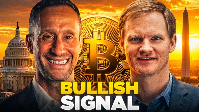 A YouTube thumbnail showing two men smiling on either side of a large Bitcoin logo, with the text "BULLISH SIGNAL" below and the U.S. Capitol building in the background.