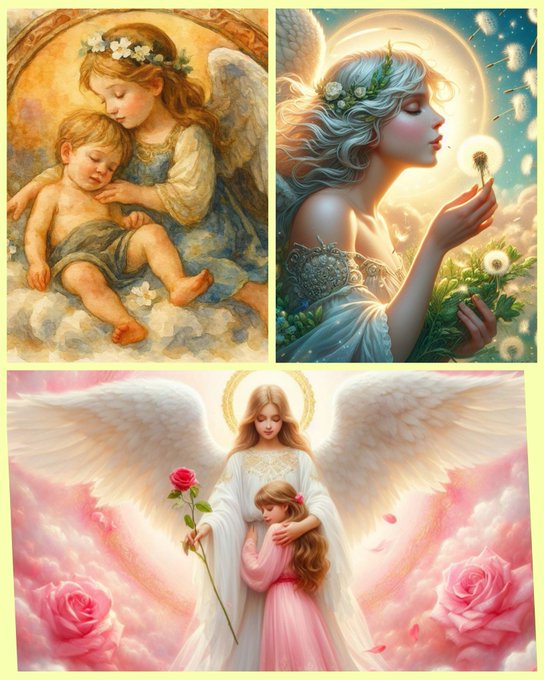 A collage of three angelic, ethereal artwork pieces featuring a cherubic angel cradling a sleeping child, a serene angel with flowing hair holding a dandelion, and a guardian angel embracing a young girl amid pink roses, evoking themes of divine protection and innocence. The dreamy, painterly aesthetic aligns with the post's evocative call for raw artistic expression and emotional depth in the Tezos art community.