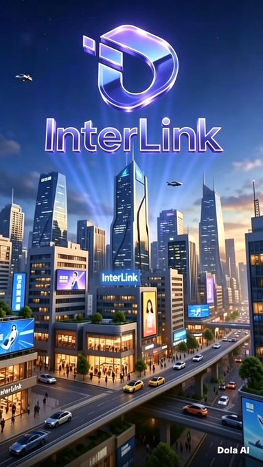 A futuristic cityscape at dusk with a large 'InterLink' logo and signage displayed prominently on buildings, with traffic and pedestrians below.
