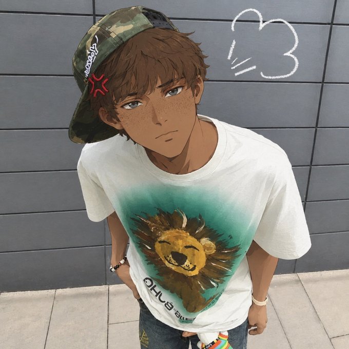 An anime-style illustration of a young man with brown hair and freckles wearing a camouflage cap and a white t-shirt with a lion graphic, posing against a grey tiled wall with a cartoon anger symbol drawn next to his head.