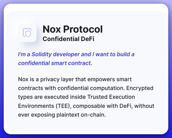 A promotional graphic for 'Nox Protocol - Confidential DeFi' explains it as a privacy layer that empowers smart contracts with confidential computation using Trusted Execution Environments (TEE).