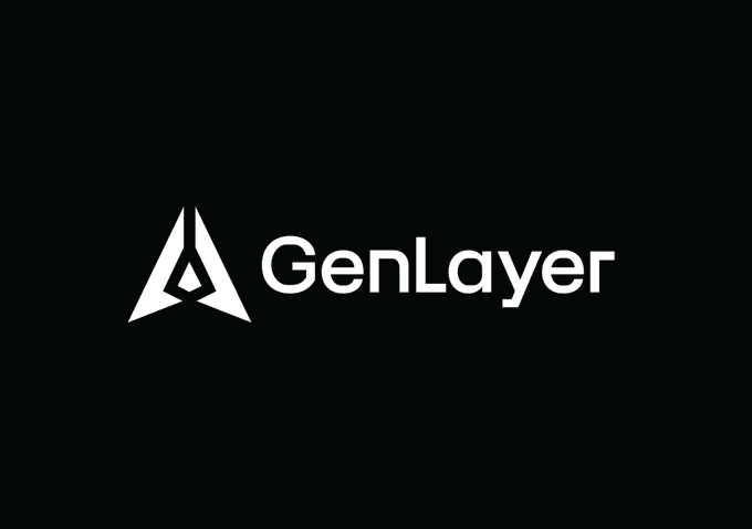 The image features a logo for a company called "GenLayer", which is an acronym for "Genesis Layer". The logo consists of a white triangle with an arrow pointing upwards inside another white triangle. The text "GenLayer" is written below the logo in black, and it reads "A new era of smarter blockchain infrastructure is already taking place."