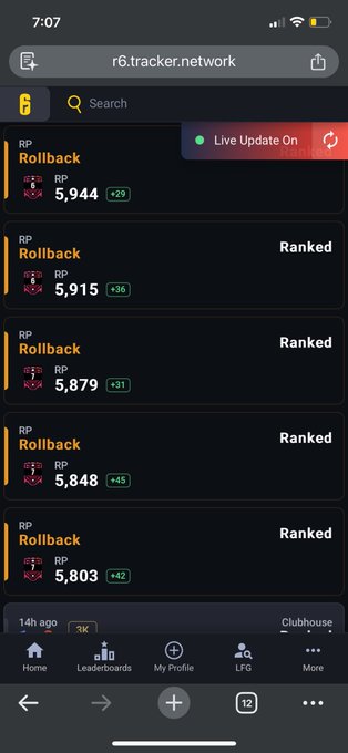 The image shows a mobile screenshot of the r6.tracker.network website displaying a Rocket League-style RP (Ranked Points) leaderboard, where a player named "Rollback" holds the top spot with 5,944 RP (+29), followed by four ranked players with RP scores ranging from 5,803 to 5,915.

The "#ELOINVESTMENT" hashtag relates to the image by humorously suggesting that consistently grinding ranked matches to climb the RP ladder—much like investing in the stock market—pays off in competitive ranking gains, as evidenced by the steady point increases shown next to each entry.